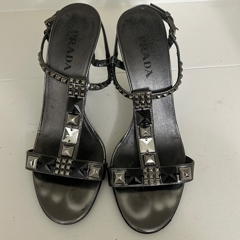 Prada Art Deco Jeweled Silver Heeled Sandals, Sz 37.5